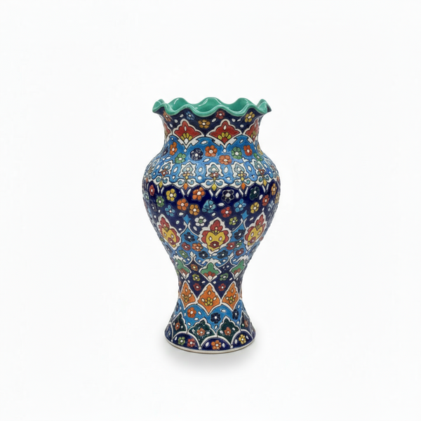 Handcrafted Ceramic Vase with Ruffled Rim & Multani Blue Pottery Design – 12 x 5.5 (inches)