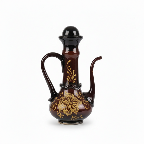Elegant Brown Ceramic Ewer with Gold Floral Medallion – 9.5 x 6.5 (inches)