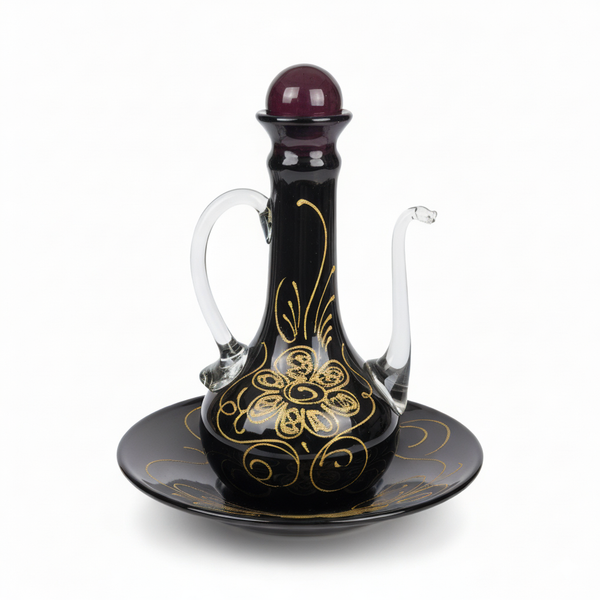 Elegant Black Art Glass Decanter & Plate Set – Handcrafted Gold Detail