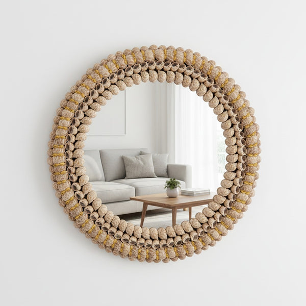 Round Decorative Wall Mirror – Natural Cowrie Shell & Jute Frame