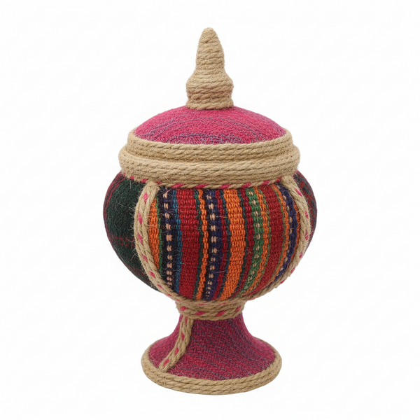 Handcrafted Decorative Pot with Lid – Colorful Fabric & Jute Rope Design