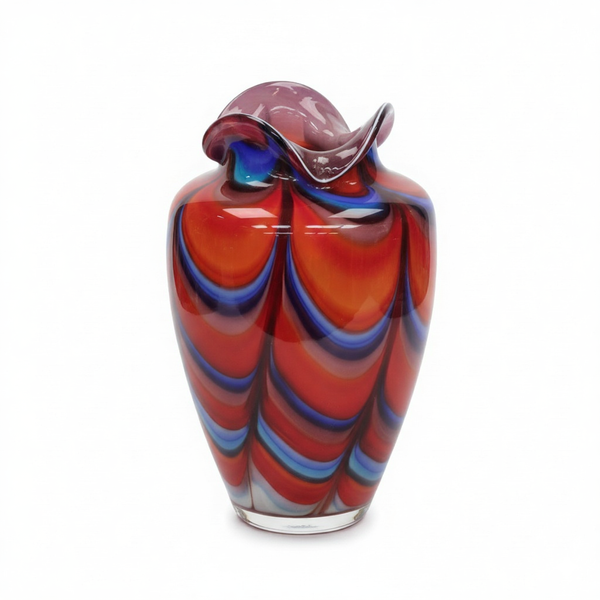 Hand-Blown Art Glass Vase – Vibrant Red & Blue Ruffled Rim Decorative Piece