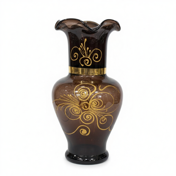 Elegant Smoky Brown Glass Vase with Gold Detailing – Decorative Fluted Vase